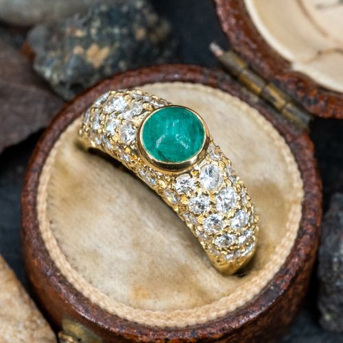 Emerald Cabochon Ring w/ Diamonds 18K Yellow Gold