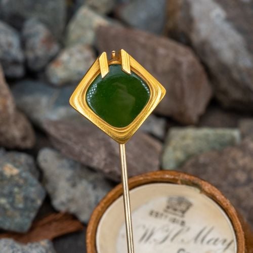 Art Nouveau Stick Pin w/ Nephrite Jade 14K Yellow Gold