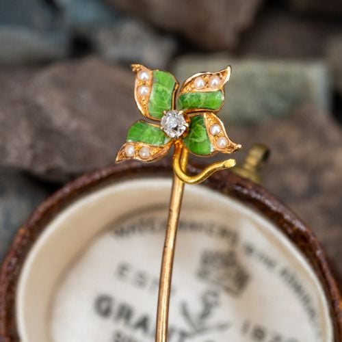 Art Nouveau Flower Stick Pin w/ Diamond & Seed Pearls 14K