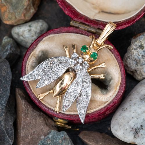 Diamond & Emerald Fly Pendant 14K Two Tone Gold