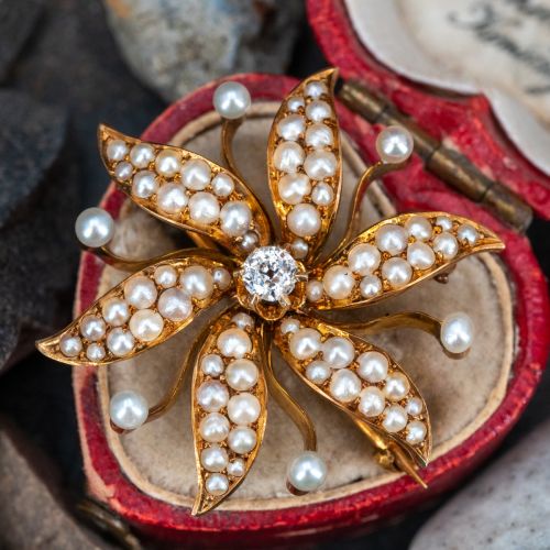 Victorian Floral Design Diamond & Pearl Pin/Pendant 14K Yellow Gold