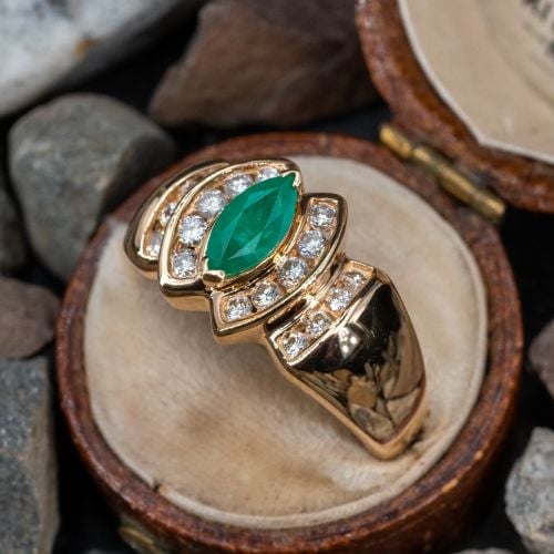Marquise Cut Emerald Ring w/ Diamond Accents 14K Yellow Gold