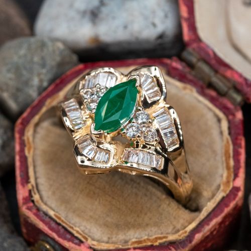 Marquise Cut Emerald Ring w/ Diamonds 14K Yellow Gold
