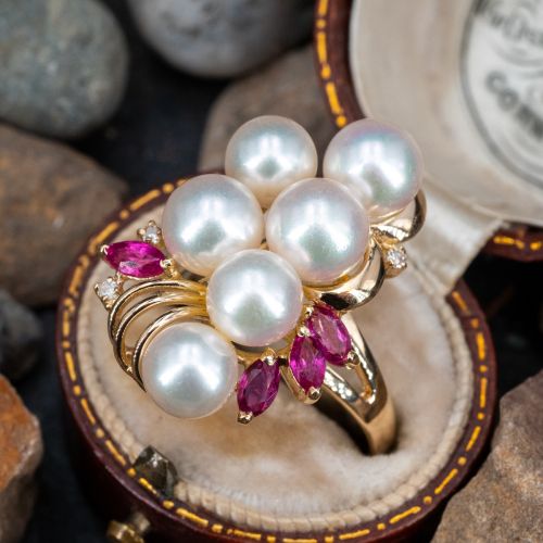 Vintage Pearl, Ruby & Diamond Cocktail Ring 14K Yellow Gold