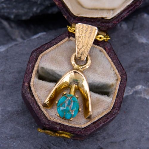 Vintage Turquoise Cabochon Slide Pendant Necklace 14K Yellow Gold