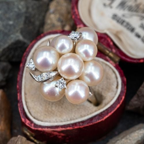 Saltwater Pearl & Diamond Cluster Ring 18K White Gold