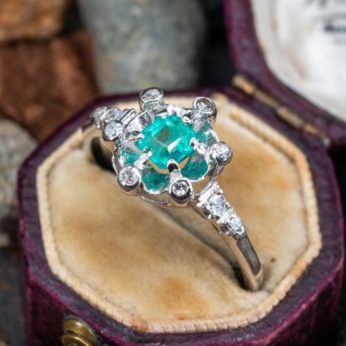 Emerald Ring w/ Diamond Halo 14K White Gold
