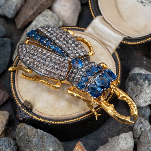 Vintage Blue Sapphire & Diamond Beetle Brooch/Pendant 18K Yellow Gold