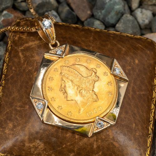 Liberty Head Coin Pendant Necklace w/ Diamonds 14K Yellow Gold