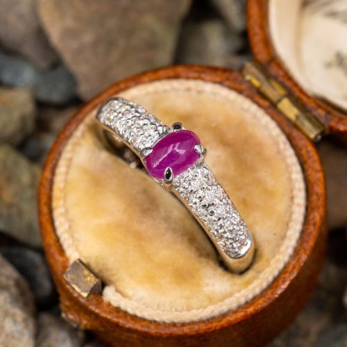 Oval Ruby Cabochon Ring w/ Diamond Accents 14K White Gold