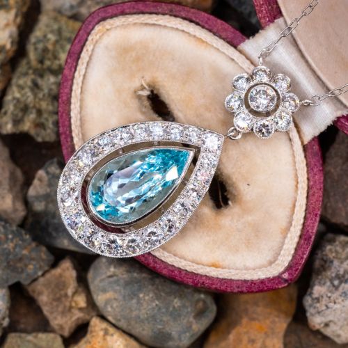 Vintage Aquamarine & Diamond Necklace Platinum