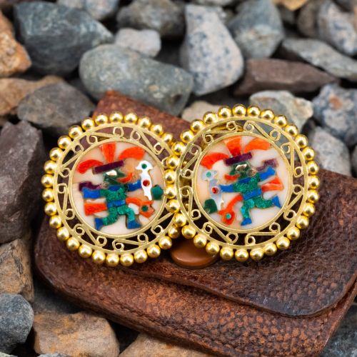Pietra Dura Aztec Earrings 18K Yellow Gold