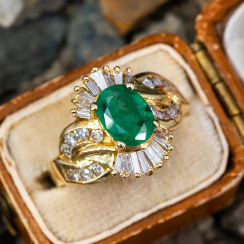 Vintage Oval Cut Emerald & Diamond Ring 14K Yellow Gold