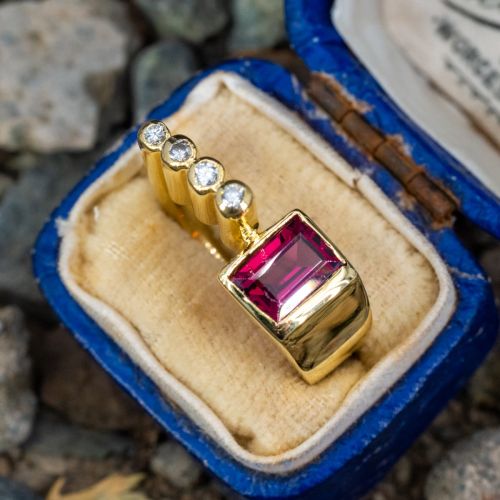 Vintage Rhodolite Garnet & Diamond Ring 18K Yellow Gold