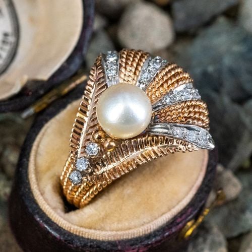 Circa 1950's Vintage Pearl Ring w/ Diamond Accents 14K Two Tone Gold