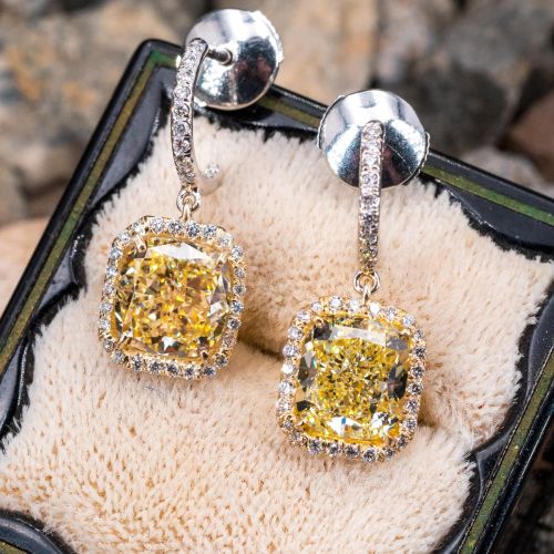 Fancy Yellow Cushion Cut Diamond Drop Earrings 18K & Platinum GIA
