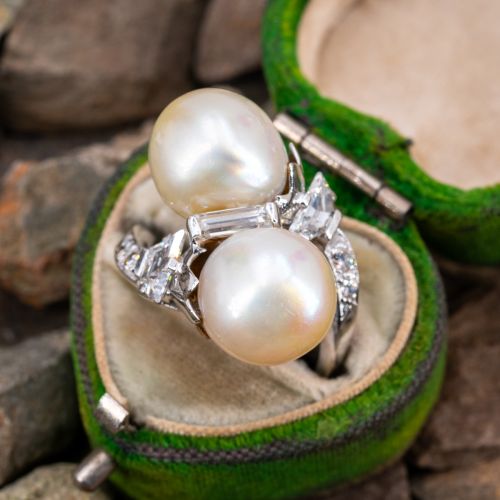 Magnificent Vintage South Seas Pearl Bypass Ring 14K White Gold