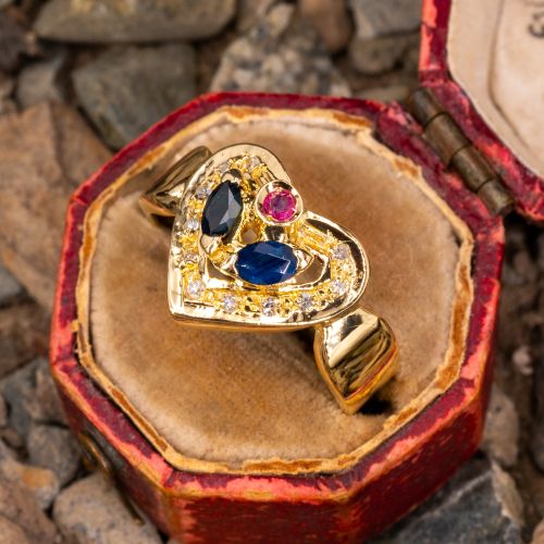 Lovely Heart Sapphire & Ruby Ring 14K Yellow Gold