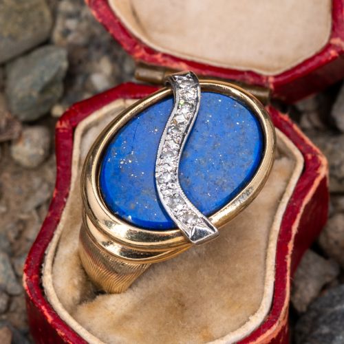 Vintage Lapis Lazuli & Diamond Ribbon Ring 14K Yellow Gold 