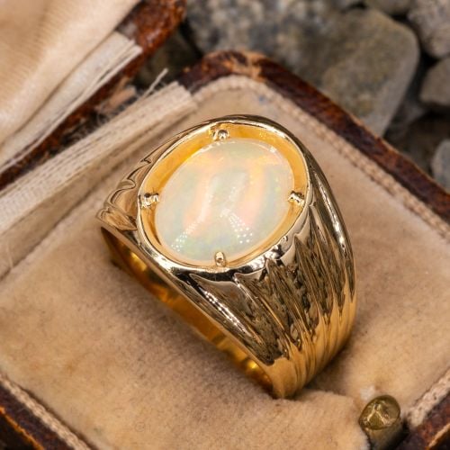 Mens Fluted Shoulder Crystal Opal Ring 14K Yellow Gold, Size 8.25