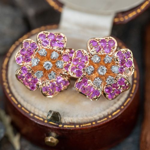 Pink Sapphire Flower Earrings w/ Diamonds 14K Gold