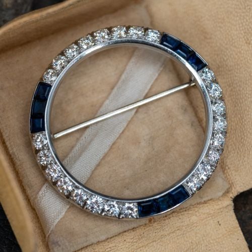 Stunning Blue Sapphire & Diamond Circle Brooch Pin Platinum