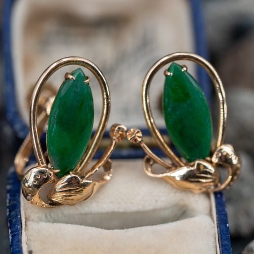 1960s Vintage Jadeite Jade Floral Earrings 14K Yellow Gold