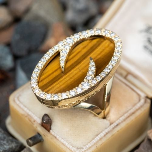 Tiger's Eye Cocktail Ring w/ Diamond Accents 18K Yellow Gold