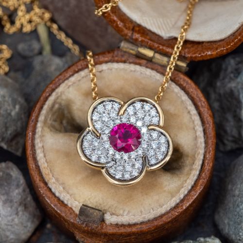 Spark Ruby Flower Pendant Necklace w/ Diamonds 18K Yellow Gold