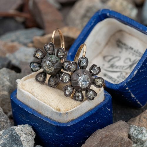 Circa Mid-Victorian Flower Diamond Earrings 18K Yellow Gold & Silver