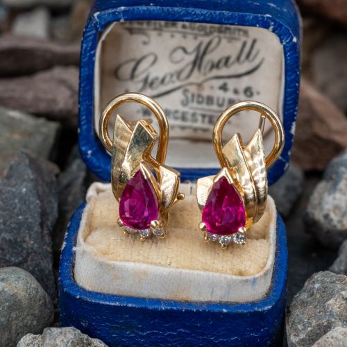Pear Cut Ruby & Diamond Earrings 14K Yellow Gold