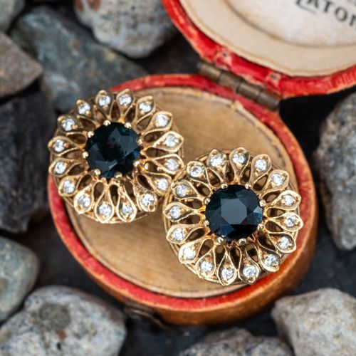 Vintage Sapphire & Diamond Earrings 14K Yellow Gold