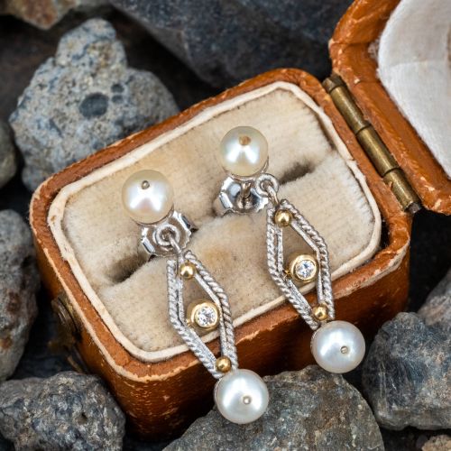 Pearl Drop Earrings w/ Diamond Accents 18K White Gold