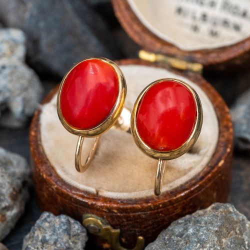 Red Coral Non-Pierced 14K Yellow Gold Vintage Earrings