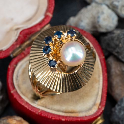 Retro Gold Spiral Pearl Ring w/ Sapphire Accents 14K