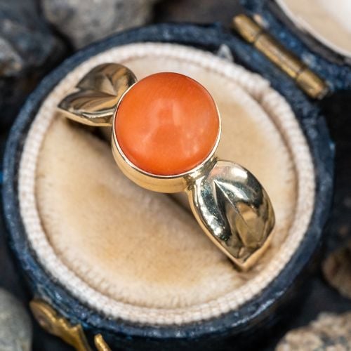 Estate Peach Coral Cabochon Ring 14K Yellow Gold
