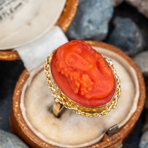 Carved Coral Cameo Ring 18K Yellow Gold