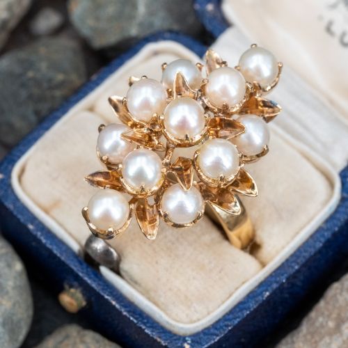 Vintage Akoya Pearl Cluster Ring 18K Yellow Gold