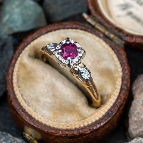 Vintage Ruby Engagement Ring w/ Diamond Accents 14K Yellow Gold