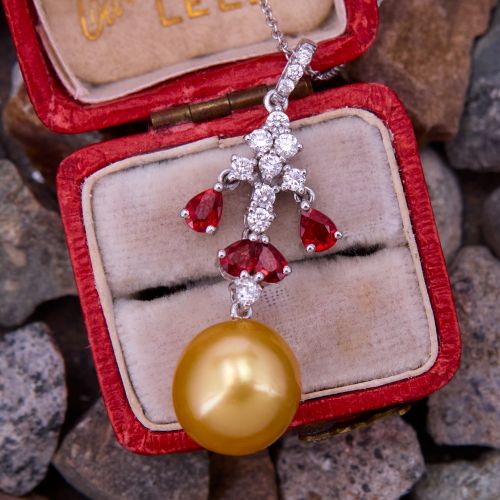 Golden South Sea Pearl Pendant Necklace 18K White Gold