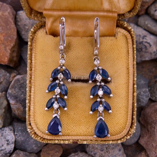 Blue Sapphire Dangle Earrings 14K White Gold