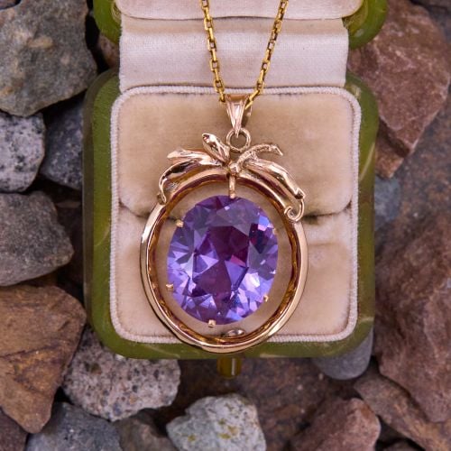 Vintage Lab Created Color Change Sapphire Pendant Necklace 14K Yellow Gold