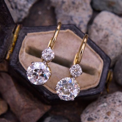 Double Old Euro Diamond Drop Earrings 18K Yellow Gold & Platinum