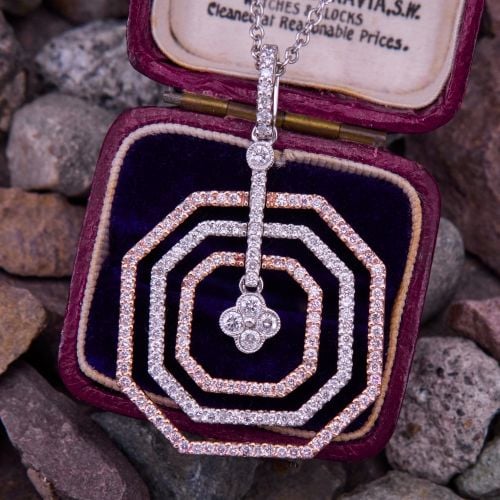 Diamond Octagon Frame Pendant Necklace 14K White & Rose Gold