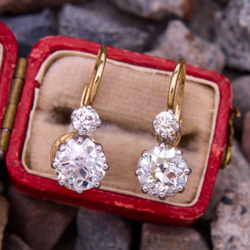 Twin Old European Diamond Drop Earrings 18K Yellow Gold & Platinum