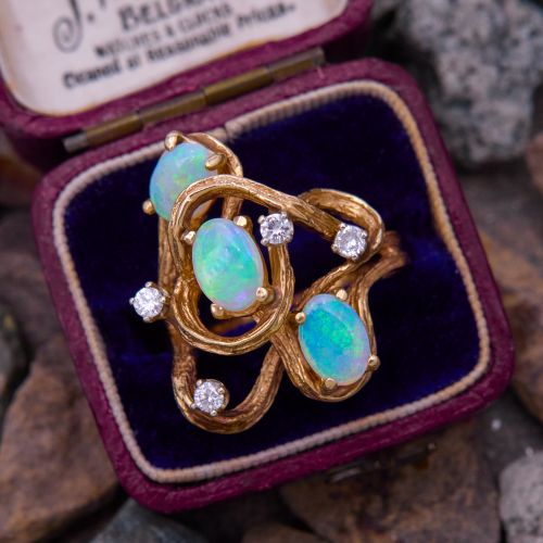 Vintage Opal Ring w/ Diamonds 14K Yellow Gold