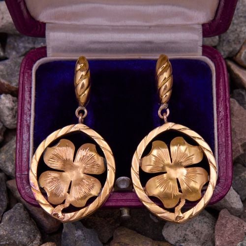 Large Four Leaf Clover Dangle Earrings 18K Yellow Gold