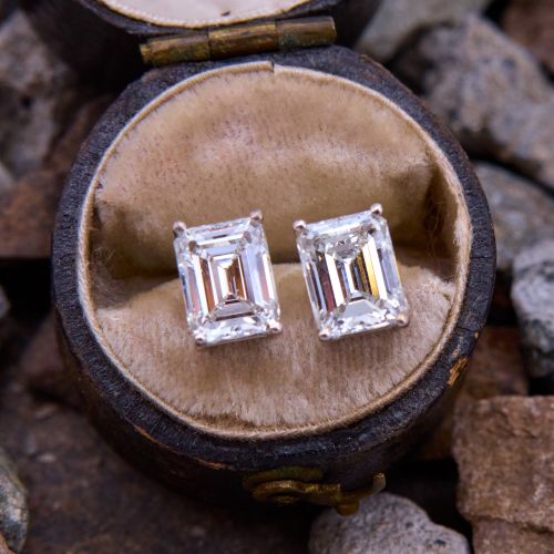 Emerald Cut Diamond Stud Earrings 14K White Gold GIA