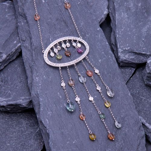Multicolor Sapphire Bead Station Necklace 18K White Gold