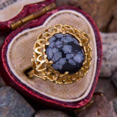 Open Gold Work Snowflake Obsidian Ring 14K Yellow Gold